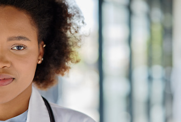 Image showing Portrait, half face and a black woman or doctor at a hospital with mockup for advertising. Healthcare, medicine and a young African nurse or surgeon with space for marketing at a clinic with bokeh