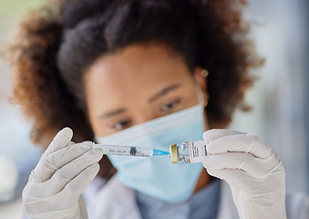 Image showing Hands, medical and a doctor or black woman with a vaccine for healthcare, virus safety or prescription. Closeup, medicine and an African nurse or hospital employee with a vial or syringe for smallpox