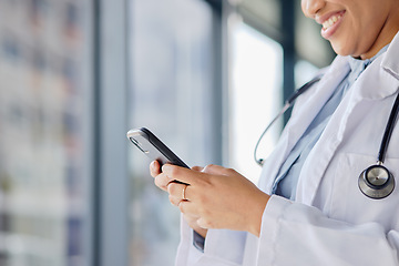 Image showing Hands of doctor, woman and typing on smartphone in hospital for online contact, reading healthcare data and telehealth information. Closeup of medical worker search mobile app, technology and network