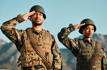 Image showing Salute, army and soldier with people in nature for training, military service and war. Hero, veteran and teamwork with man and woman in outdoors for warrior, battlefield and courage together