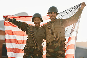 Image showing Army, portrait of man and woman with American flag, solidarity and team pride together at war time. Smile, happiness and soldier partnership, people with patriot service in military uniform for USA.