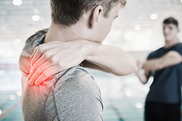 Image showing Shoulder pain, man and red overlay for sports injury and inflammation at swimming pool. Massage, male person and back with wellness and exercise issue with athlete after accident and joint bruise