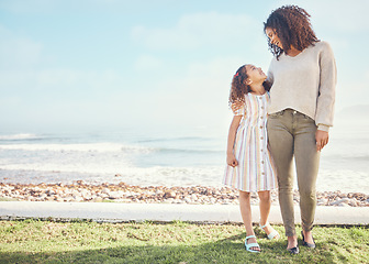 Image showing Mockup, mother and child at the beach for vacation or holiday feeling happy, freedom and happiness together. Space, love and mom bonding with kid or girl as care, support and travel in summer