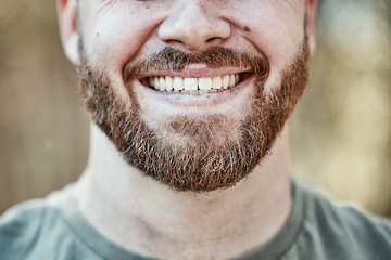 Image showing Man, smile and mouth in closeup for dental care for whitening or dentist treatment for tooth wellness. Happy face, teeth with positive expression for cleaning result or cosmetic veneers for hygiene.