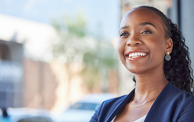 Image showing Professional, confident face and happy black woman, bank consultant or agent smile for administration career. Window, thinking and business person vision for corporate success, office job or mockup