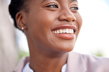 Image showing Smile, thinking and business woman in a city or urban town feeling excited, happy and motivation to work or job. Opportunity, idea and closeup face of female professional employee or corporate worker