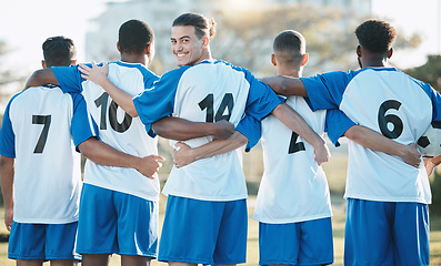 Image showing Sports, teamwork and portrait of men on soccer field for training, challenge and championship game. Goals, health and stadium with group of people in football stadium for athlete, club or solidarity