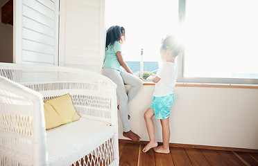 Image showing Window, bedroom and children in home in morning looking outdoors for relax, playing and quality time. Family, siblings and young kids in apartment with scenic view for bonding, calm and childhood