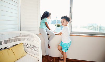 Image showing Window, bedroom and portrait of children in home look outdoors for relaxing, playing and quality time. Family, siblings and young kids in apartment with scenic view for bonding, calm and childhood