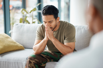 Image showing Stress, soldier and man in therapy for trauma counseling due to military war and talking army mental health support. Consultation, depression and sad man with help for psychology problem on a sofa