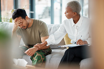 Image showing Support, soldier and man in therapy for trauma counseling due to military war and talking army mental health. Consultation, depression and sad man with help for psychology problem on a sofa