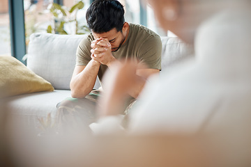 Image showing Sad, ptsd and male soldier in therapy for mental health, depression or grief after a military war. Frustrated, trauma and man army warrior talking to a psychologist about emotions in a clinic office.