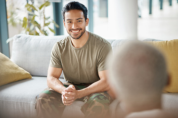 Image showing Smile, soldier and man with psychologist for therapy, consultation and military communication. Happy, army veteran and counselling with therapist for mental health, help or support on sofa in office