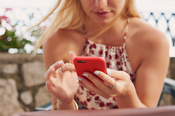 Image showing Phone, social media and woman hands on holiday with internet scroll and online on vacation. Young female person, mobile and freedom with networking in a city outdoor on the web and app closeup