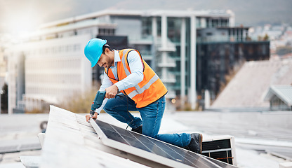 Image showing Solar panel, drill and engineering with man on roof top for renewable energy, project and power. Construction, electricity and sustainability with contractor in city for tools, photovoltaic and grid