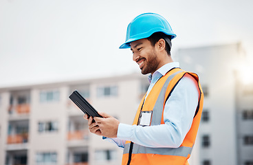 Image showing Construction worker, tablet and with research and digital data for building renovation outdoor. Happy, engineer and male contractor with management and builder project with tech and online plan