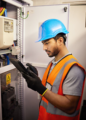 Image showing Tablet, engineering and man with electricity box for repair, maintenance and technician inspection. Industrial, electrician and male worker on digital tech for service, test or power source check