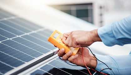 Image showing Solar panel, meter and engineering with hands of man for renewable energy, project and power. Construction, electricity and sustainability with closeup of contractor for tools, photovoltaic and grid