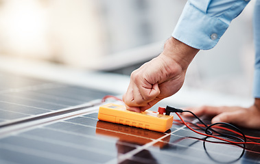 Image showing Solar panel, electricity and meter with hands of man for renewable energy, project and power. Construction, engineering and sustainability with closeup of contractor for tools, photovoltaic and grid