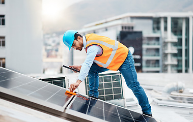 Image showing Solar panel, inspection and engineering with man for renewable energy, project and power. Construction, electricity meter and sustainability with contractor in city for tools, photovoltaic and grid