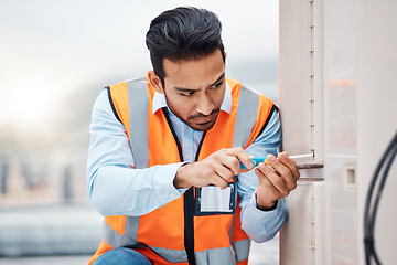 Image showing Tools, engineering and man with air conditioner for maintenance, repair and inspection on roof. Solar power, construction and male worker with equipment for service, installation or electricity check