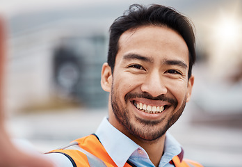 Image showing Construction worker, selfie and portrait with smile outdoor of builder and maintenance employee. Happy, face and male person doing engineering, property planning and building development project