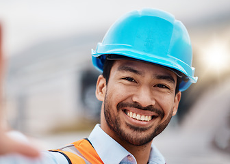 Image showing Construction worker, selfie and portrait with helmet outdoor of builder and maintenance employee. Happy, face and male person doing engineering, property planning and building development project