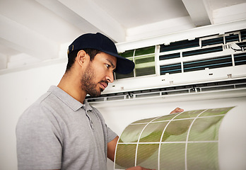 Image showing Maintenance, air conditioner and man checking filter, technician working on ventilation and ac repair. Contractor, handyman or electric aircon machine expert problem solving or cleaning dust service.