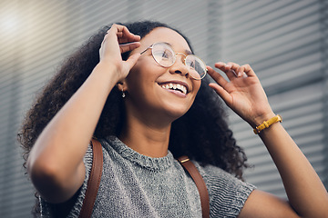 Image showing .Woman, smile and city travel of student with glasses on a street with vision of future dream. Urban, university holiday and happy young African person walking with backpack on adventure or vacation.