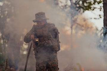 Image showing A soldier fights in a warforest area surrounded by fire