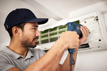 Image showing Maintenance, air conditioning service and man with drill, working on ventilation filter or ac repair. Contractor, handyman or electric aircon machine expert problem solving cleaning dust and tools.