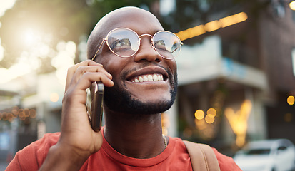 Image showing Happy black man, thinking and phone call in city for vision, communication or outdoor discussion. Face of African male person smile and talking on mobile smartphone in wonder for conversation in town