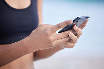 Image showing Fitness woman, phone and hands typing for communication, social media or outdoor networking. Closeup of female person chatting or texting on mobile smartphone app for online browsing or research