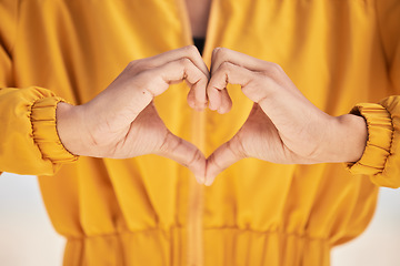 Image showing Woman, heart hands and love for care, support or trust in healthcare, romance or gesture. Closeup of female person with emoji, symbol or icon for health, like or wellness in peace, sign or emoticon