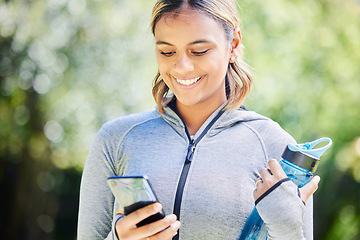 Image showing Fitness, search and phone with woman in nature for running, tracker and social media. Marathon, communication and training with female runner and mobile app in park for health, online and technology