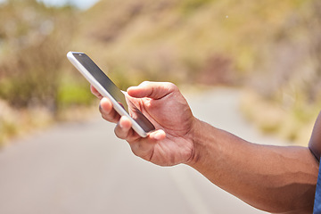 Image showing Fitness, hand or runner with phone for social media or location in training, workout or exercise on road. Relax, search or closeup of athlete typing for location online on mobile app to start running