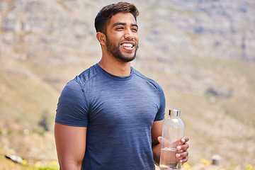 Image showing Thinking, runner or happy man drinking water in nature to hydrate, relax or healthy energy on exercise break. Tired, smile or thirsty athlete refreshing with liquid bottle in training or workout