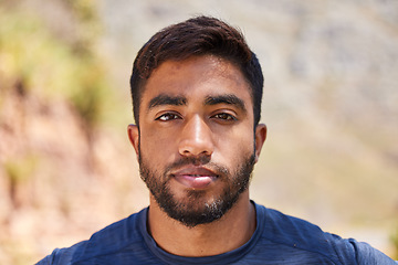 Image showing Fitness, man or portrait of runner in training, workout or cardio exercise outdoors on road in summer. Relax, face or healthy Indian male athlete ready to start running with confidence in nature