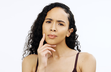 Image showing Confused woman, face or thinking on isolated white background of skincare, beauty or makeup brand choice. Doubt, portrait or model with ideas, questions or choosing vision in mind change on mock up