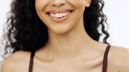 Image showing Woman, laughing or teeth on isolated white background in whitening promotion, orthodontic wellness or dental care routine. Zoom, smile or beauty model in lipstick, lip gloss or mouth makeup cosmetics