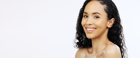 Image showing Black woman, beauty and face with skincare in portrait smile, facial and cosmetic care isolated on white background banner. Dermatology, natural cosmetics and spa treatment glow, mockup space and fem