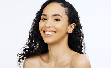 Image showing Black woman, beauty and face with skincare in portrait smile, facial and cosmetic care isolated on white background. Dermatology, natural cosmetics and spa treatment glow, mockup space and female mod