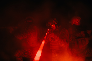 Image showing Soldiers squad in action on night mission using laser sight beam lights military team concept