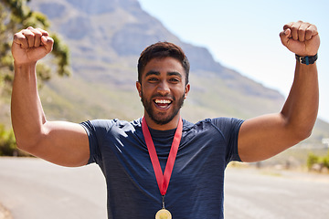 Image showing Fitness, winner and portrait of man with medal on mountain for exercise, training and running race. Sports, success and face of excited male runner cheer for competition, challenge and cross country