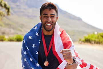 Image showing Fitness, winner and portrait of man with USA flag on mountain for exercise, training and running race. Sports, nature and face of excited male runner for competition, challenge and cross country