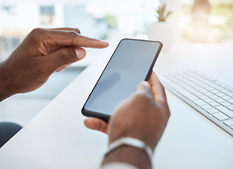 Image showing Business, hands and mockup with a smartphone, screen and typing with network, connection and email. Closeup, cellphone and mobile app with internet search, online banking and chatting with a contact