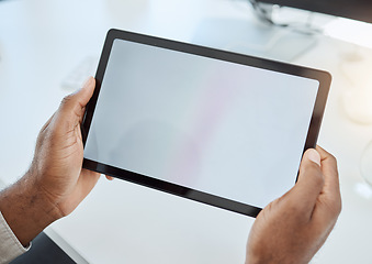 Image showing Business, hands and mockup with a tablet, screen and app with network, connection and internet search. Closeup, web designer and technology with online banking, email and chatting with a contact