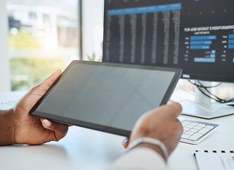 Image showing Business, hands and mockup with a tablet, analytics and update software with network, connection and check system. Closeup, technology and computer with internet search, data analysis and programming