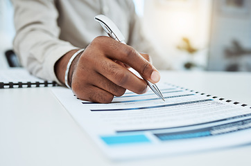 Image showing Hand, writing and marriage contract with pen for divorce, process or signature for assets on desk. Man, sign paperwork or document in attorney office for law, legal action or agreement in closeup