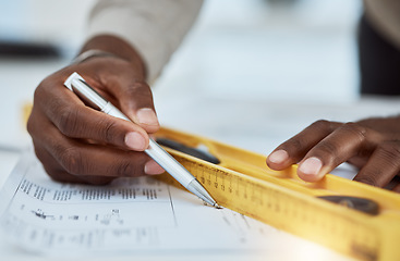 Image showing Hands, architecture blueprint and ruler with pen for drawing process, engineering project and building development. Closeup, designer and stationery for scale lines, sketch and floor plan of property